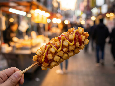 Korean Corn Dog Deep Fried Sausage with Potato Cubes and Ketchup Mustard on Stick No Face No Logo in Warm Seoul Street Glow