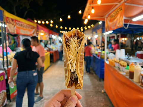 Mexican Marquesita Rolled Waffle with Edam Cheese and Cajeta Caramel on Stick No Face No Logo in Warm M&eacute;rida Night Market