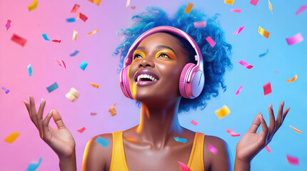 Cheerful Black woman with blue afro hair wearing pink headphones during celebration. Happy young adult enjoying music while colorful confetti falls against vibrant neon background.
