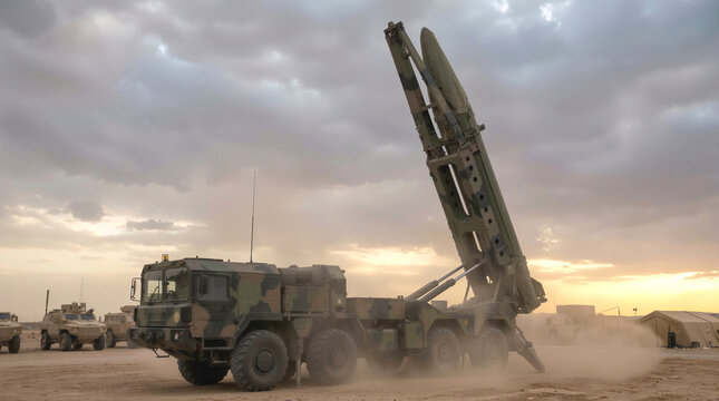 Transporter erector launcher raising ballistic missile into firing position. Heavy military truck deployed at desert base for strategic defense during sunset.