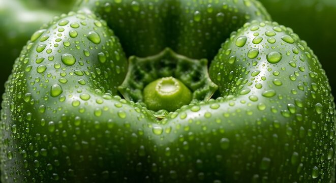 Close up shot of a fresh green bell pepper covered in glistening water droplets after rain. poivron vert