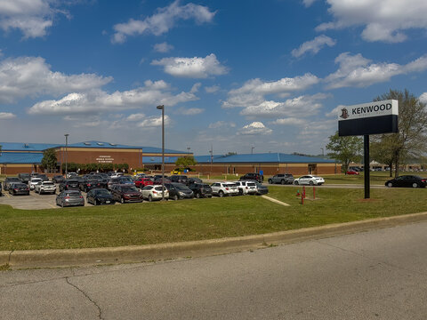Kenwood Middle School, a Clarksville, TN, STEM school, under a beautiful, partly sunny sky. Copy space is in the image.