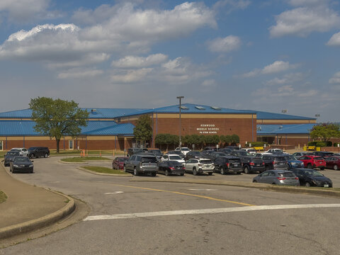 Kenwood Middle School, a TN STEM school, in Clarksville, Tennessee under a beautiful, partly sunny sky. Copy space is in the image.