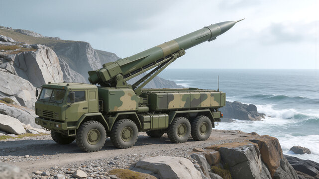Camouflaged vehicle with elevated missile launcher on rocky cliff. Strategic coastal defense system overlooking ocean waves.