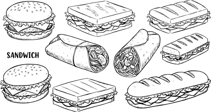 Hand-drawn line art collection of various sandwiches: burgers, wraps, submarine, panini, and classic square sandwiches. Black and white outline sketch.