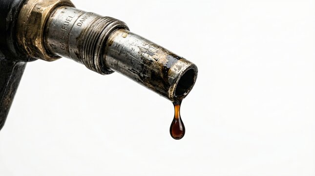 Fuel nozzle releasing last drop of oil symbolizing limited supply and resource depletion