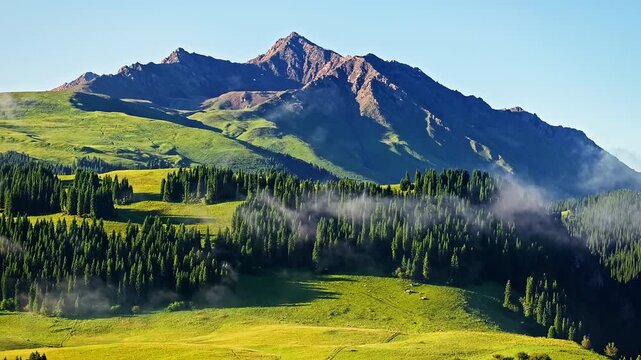 Scenic landscape of lush green forest on mountain slopes with morning mist, Tianshan, Xinjiang, China.