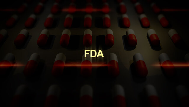 FDA Text over Manufactured Pill Conveyor Belt Animation