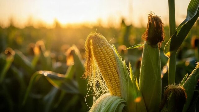 Close-up Of Ripe Corn Cob With Silk Bathed In Golden Sunlight Standing Tall In Cornfield During Harvest Season For Agriculture Farming Content