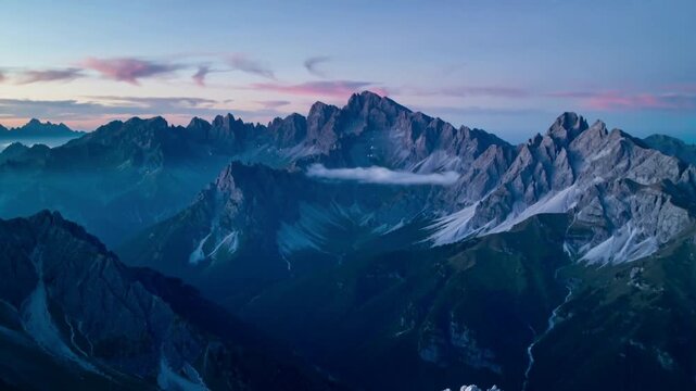 Vertical video: Gliding drone sweeping over alpine peaks on launch at dawn, revealing rocky outcrop