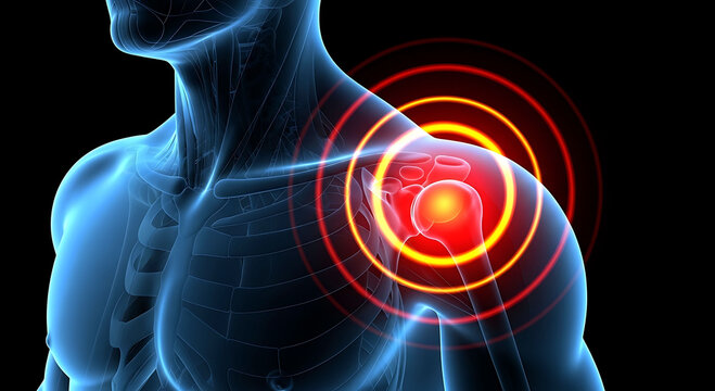 Human shoulder joint pain anatomy with glowing red circles medical illustration