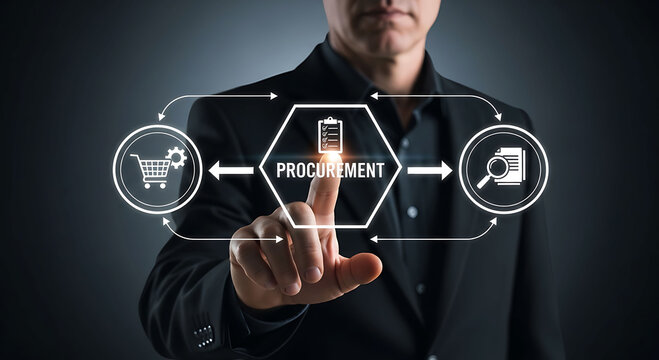 Businessman touching procurement management process and supply chain logistics icon