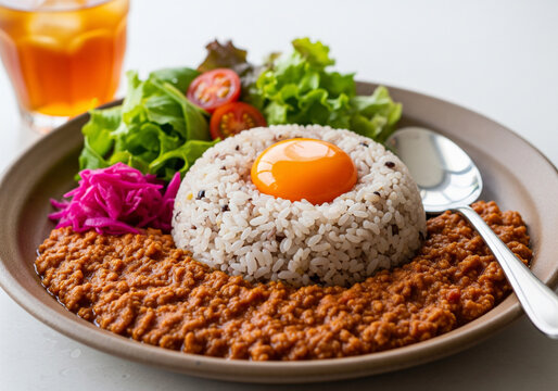 完熟トマトのキーマカレーと彩り小鉢のワンプレートランチ 艶やかな卵黄付き