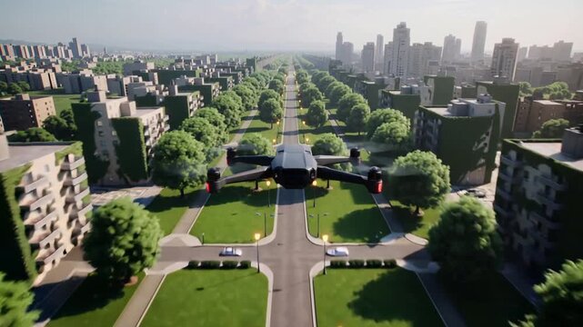 Launching small quadcopter drone traveling down tree-lined urban boulevard, passing lamp posts