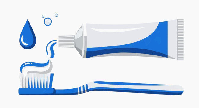 A vector graphic illustration of a toothbrush and toothpaste tube with toothpaste being squeezed out