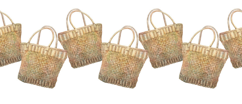 Watercolor seamless border with empty ochre and brown wicker bag or basket on white background. Hand-drawn summer or autumn design rim for celebration Easter. Wallpaper or wrapping for kitchen