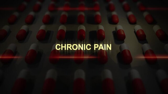  Chronic Pain Text over Manufactured Pill Conveyor Belt Animation
