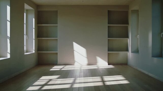 Shifting sunbeam moving across hardwood floor from left windows in vacant room casting grid shadows