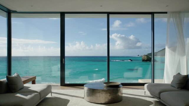 Showing floor-to-ceiling glass wall with blue ocean in suite, sheer curtain billowing from breeze