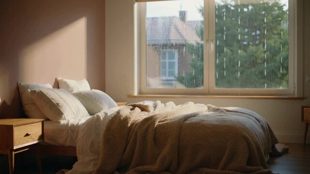 Showing centered bed occupying frame in bedroom, with rain starting and raindrops streaking window