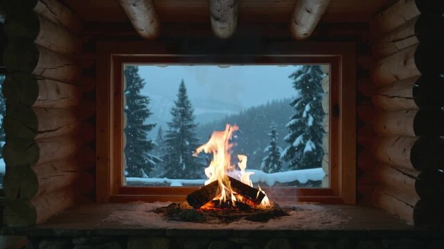 Flames rising from burning logs and glowing embers, warming cabin while snow falling outside window