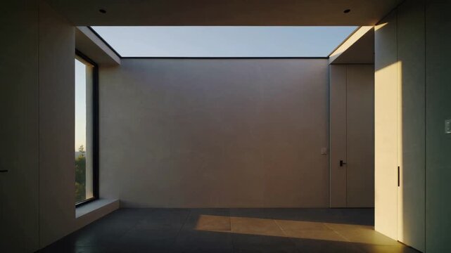 Shifting sunlight sliding across blank wall, tiled floor under skylight in home, sun angle shifting