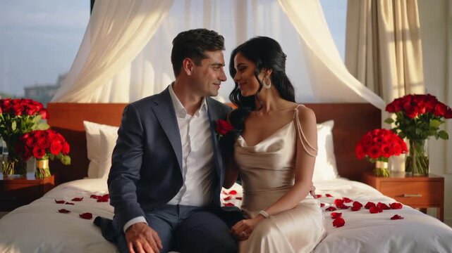 Leaning couple responding to mutual gaze on bed, showing satin gown, navy suit, rose petals