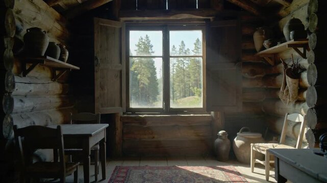 Sun streaming through center window at dawn lighting rug, table, pots inside cabin, dust drifting