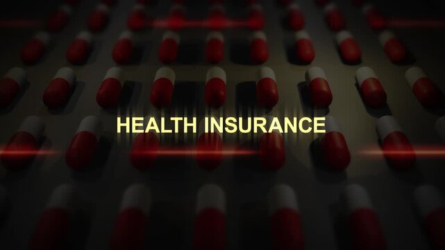 Health Insurance Text over Manufactured Pill Conveyor Belt Animation
