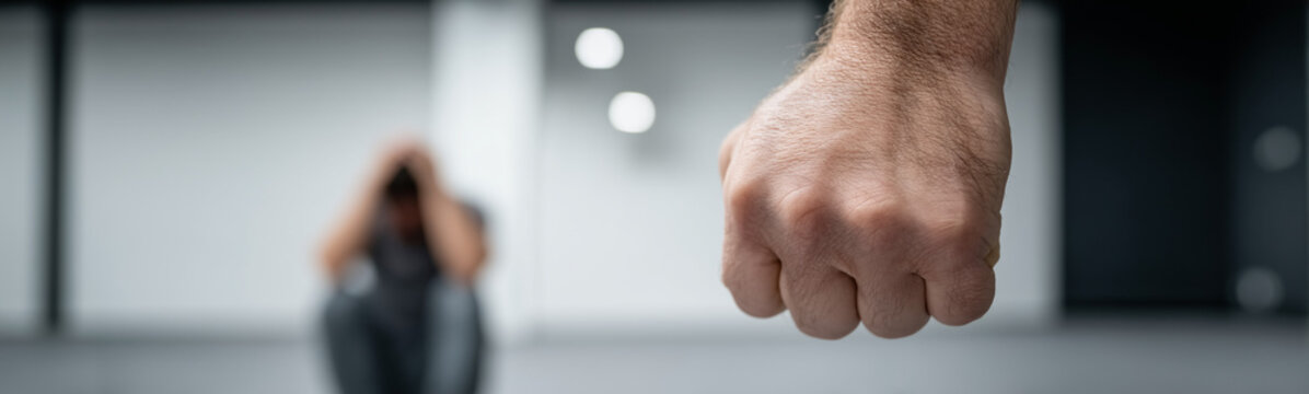 Fear in the Face of Aggression: A poignant image depicting the stark reality of violence, where a clenched fist looms over a cowering individual.