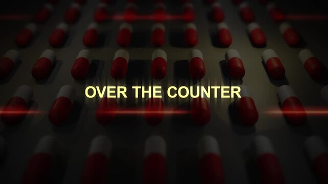 Over the Counter Text over Manufactured Pill Conveyor Belt Animation