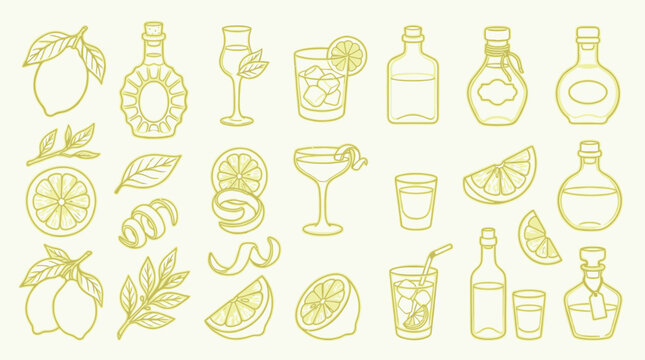 A collection of line art illustrations featuring various alcoholic beverages, cocktail glasses, citrus fruits, and garnishes, presented in a golden yellow outline on a pale background.