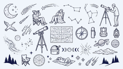 A collection of hand-drawn illustrations depicting various aspects of stargazing and astronomy, including telescopes, constellations, celestial bodies, and camping gear. © KN collection