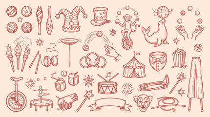 A whimsical collection of hand-drawn circus elements, including performers, animals, and props, rendered in a vintage sketch style. © KN collection