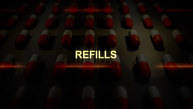 Refills Text over Manufactured Pill Conveyor Belt Animation