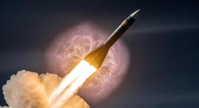 Hypersonic Missile Launch with Circular Plasma Fire Explosion Against Dark Sky - Advanced Defense Technology and Arms Race Editorial Concept