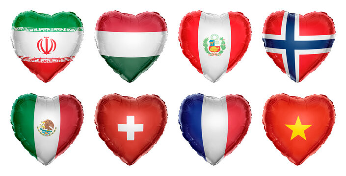 Heart-shaped balloons with flags element set