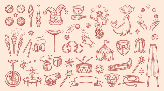 A whimsical collection of hand-drawn circus elements, including performers, animals, and props, rendered in a vintage sketch style.