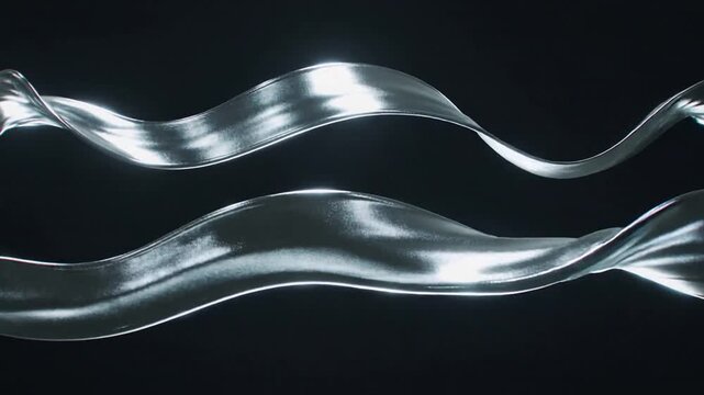 Off-frame light sweeping causing two metallic ribbons rippling and twisting in studio, reflections