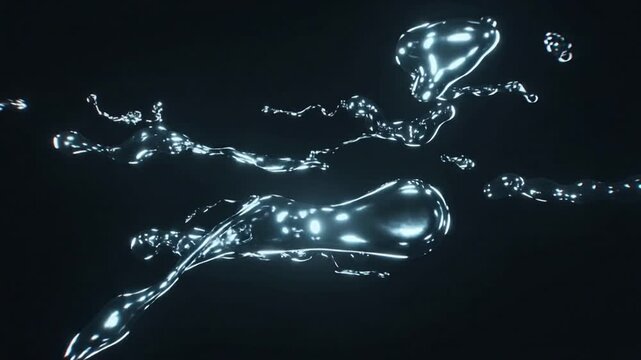 Drifting chrome liquid forms appearing top-left and elongating in black void, tracing highlights
