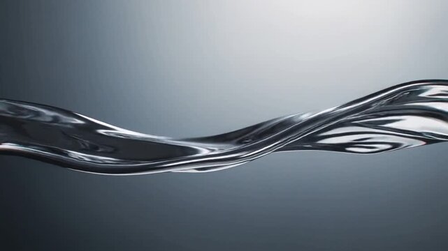 Flowing chrome ribbon entering from left, sliding across gradient backdrop morphing with highlights
