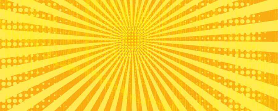 Latar belakang oranye sinar matahari. Bersinar matahari musim panas dalam desain retro. Templat untuk poster atau banner.