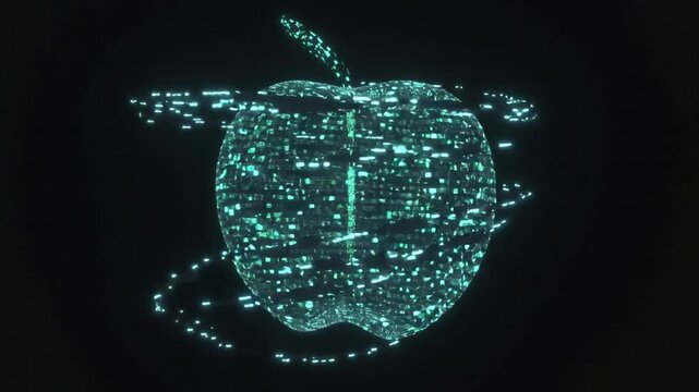 Starting playback, rotating pixel mesh apple revealing angles in dark void, with orbiting rings