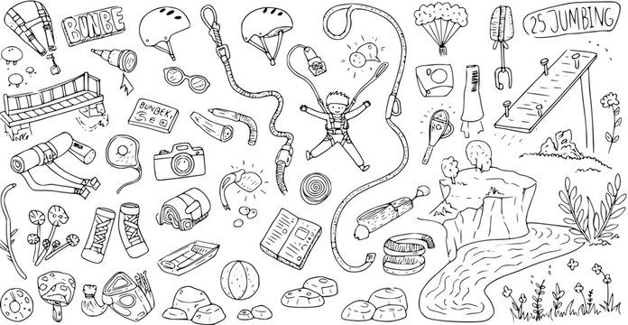 Outdoor Adventure Activities Doodle Set: Bungee Jumping, Hiking, Camping Gear, Rafting, and Nature Elements in Hand-Drawn Sketch Line Art Style.
