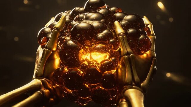 Moving metal hands closing around golden apple in dark studio showing glowing core forming spheres