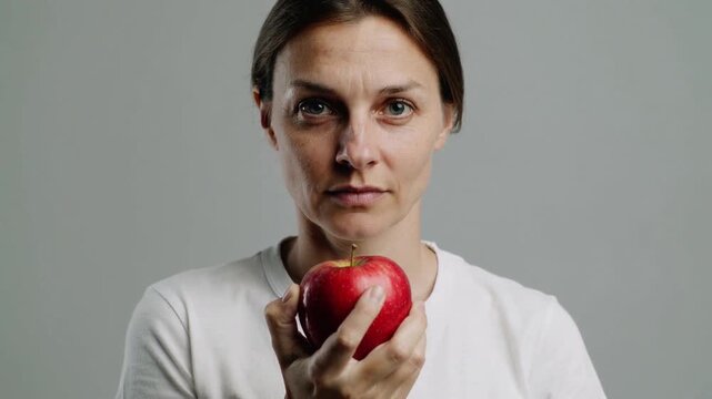 Holding red apple with both hands, woman in white shirt posing for portrait during studio recording