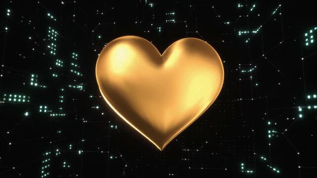 Gold green ribbons colliding and merging into gold heart symbol in tech matrix, camera closing in