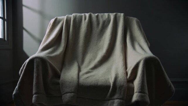Falling large soft blanket settling onto upholstered armchair near window, light casting shadows