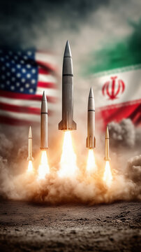 Missiles Rise: Symbolic representation of global tension with missile launches set against a backdrop of national flags, signifying conflict and the arms race.