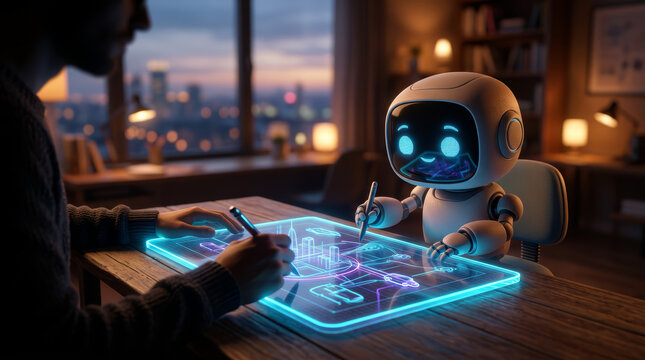 A robotics engineer who programs the interaction of robots with artificial intelligence.An engineer trains a robot with artificial intelligence using software, the concept of human-robot collaboration